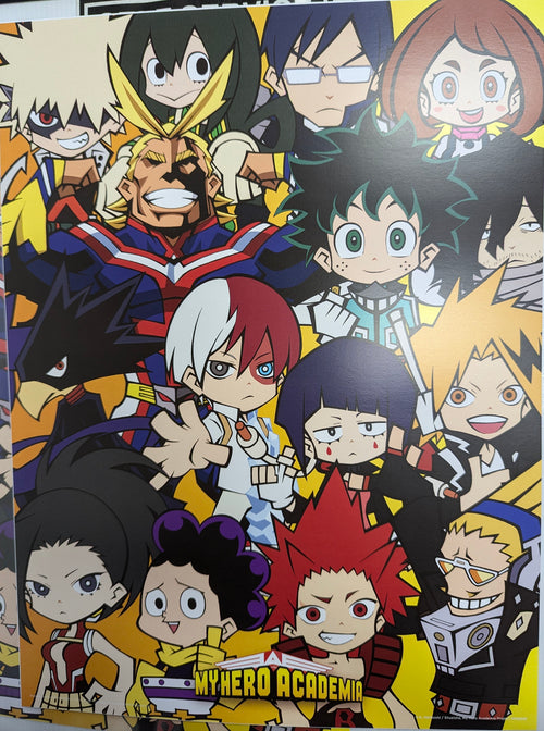 A vibrant illustration of chibi-style characters from "My Hero Academia," showcasing heroes in unique costumes, varied hairstyles, and dynamic poses, with the show's logo displayed at the bottom. This artwork is featured on a My Hero Academia 30x40cm poster by Blue Dog Posters.