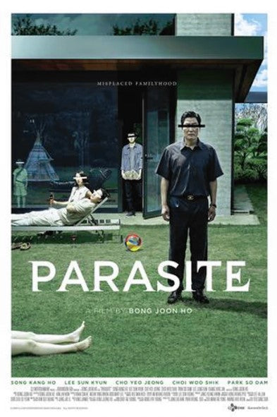 Premium gloss movie poster by MTV 179 for "Parasite": A man stands on grass before a modern home, two others relax nearby, all with eyes covered by black bars. The title "PARASITE" is centered at the bottom.