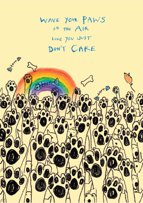Illustration of various cartoon dog paws raised with a vibrant rainbow and playful bones in the background, featuring the text: "Wave Your Paws by Poet & Painter." Brand: fap.