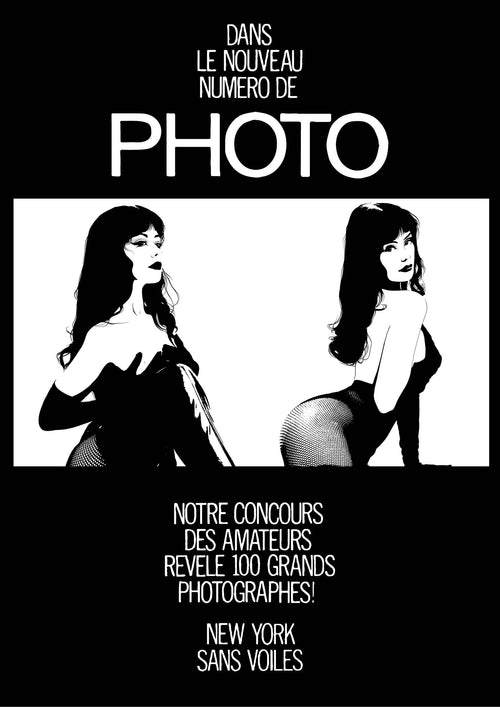 The Photo Print by Westmotel from the brand fap features a vintage magazine cover with two women in black against a white background. Bold French text reads "Dans le Nouveau Numero de PHOTO," promoting a photography contest and mentioning New York.