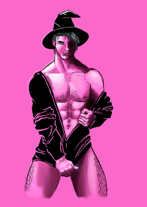 Sexy Hexy by Miles Illustrated from Blue Dog Posters features digital art of a muscular man in pink hues, donning a witch hat and partially open black jacket, set against a solid pink background with a confident gaze.