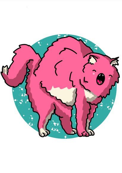 The "Pink Cat by Badbroidery," available from Blue Dog Posters, features a cartoonish pink cat with fluffy fur and white patches on its chest and belly, standing with its back arched and eyes closed, appearing to be meowing or yawning. The background consists of a teal circle with white speckles, making it an ideal addition to our Mini Prints collection.