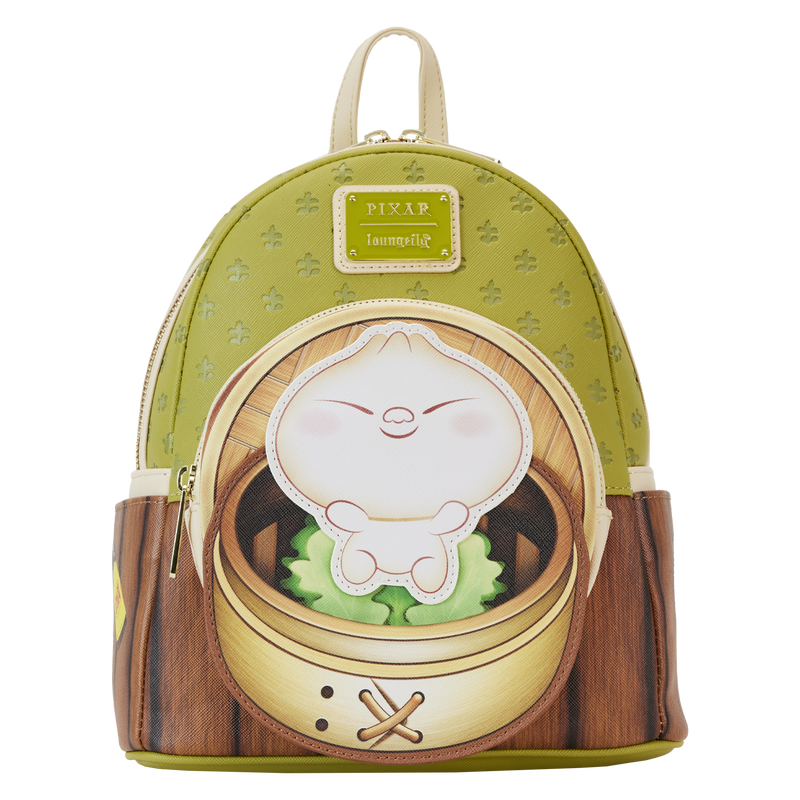 Product Name: Bao Bamboo Steamer Mini Backpack
Brand Name: Blue Dog Posters
A small green and yellow Bao Bamboo Steamer Mini Backpack by Blue Dog Posters, featuring a smiling bao bun character on the front pocket and designed to resemble a bamboo steamer. This vegan leather backpack includes a handle on top, small green patterns across the main body, and Pixar and Loungefly logos adorning the upper part.