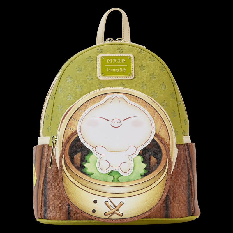 Product Name: Bao Bamboo Steamer Mini Backpack
Brand Name: Blue Dog Posters
A small green and yellow Bao Bamboo Steamer Mini Backpack by Blue Dog Posters, featuring a smiling bao bun character on the front pocket and designed to resemble a bamboo steamer. This vegan leather backpack includes a handle on top, small green patterns across the main body, and Pixar and Loungefly logos adorning the upper part.