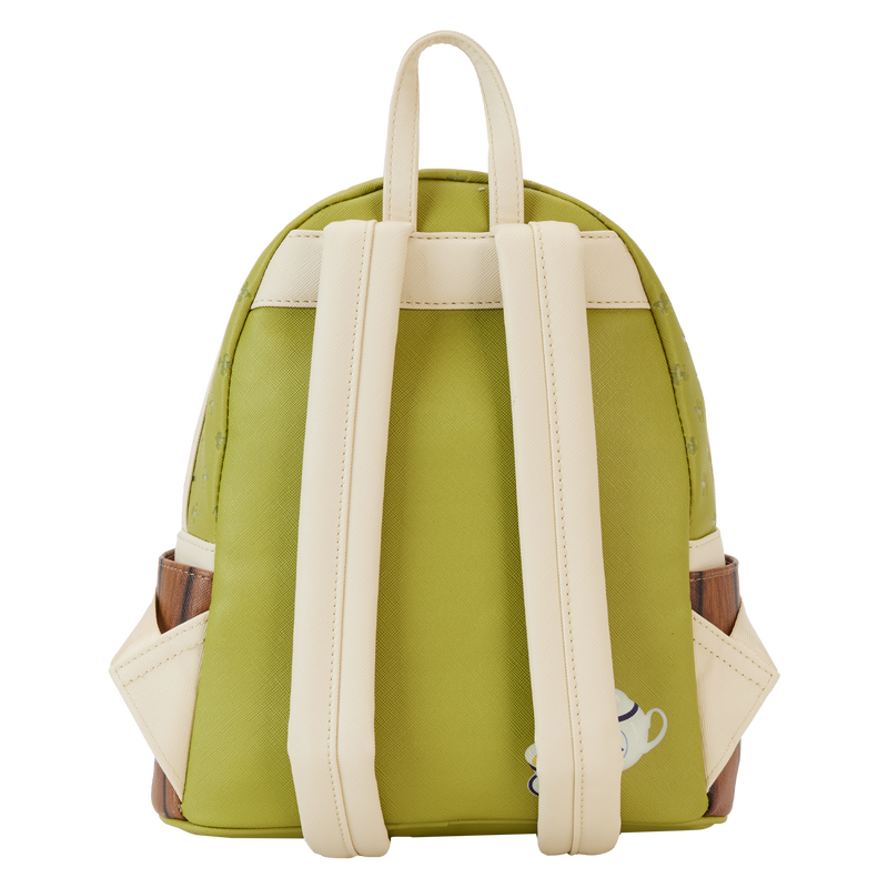 Introducing the Bao Bamboo Steamer Mini Backpack from Blue Dog Posters: a petite, light green vegan leather backpack featuring cream-colored straps and accents. The back view offers a loop handle at the top and two adjustable shoulder straps. The lower sides showcase wood-like textures, paying homage to its namesake, and there's an adorable decorative bear face near the bottom right.