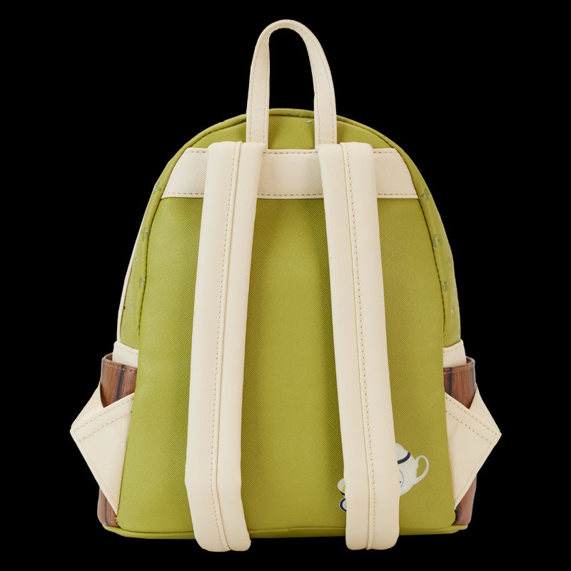 Introducing the Bao Bamboo Steamer Mini Backpack from Blue Dog Posters: a petite, light green vegan leather backpack featuring cream-colored straps and accents. The back view offers a loop handle at the top and two adjustable shoulder straps. The lower sides showcase wood-like textures, paying homage to its namesake, and there's an adorable decorative bear face near the bottom right.