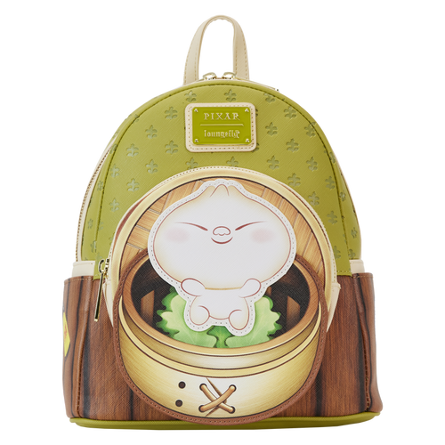 Product Name: Bao Bamboo Steamer Mini Backpack
Brand Name: Blue Dog Posters
A small green and yellow Bao Bamboo Steamer Mini Backpack by Blue Dog Posters, featuring a smiling bao bun character on the front pocket and designed to resemble a bamboo steamer. This vegan leather backpack includes a handle on top, small green patterns across the main body, and Pixar and Loungefly logos adorning the upper part.