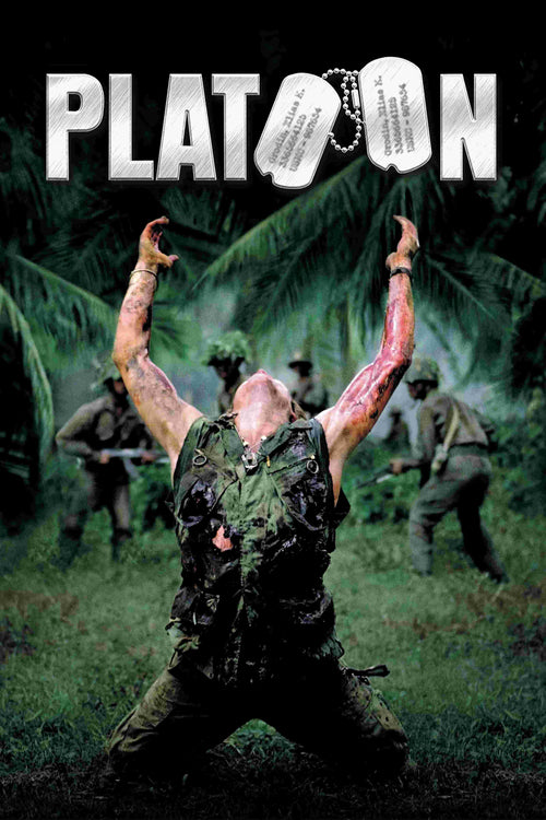 A wounded soldier stands in a jungle, arms raised and crying out, as fellow soldiers move behind him. Above them, "PLATOON" is written with dog tags for the double "O," representing the A3 brand.