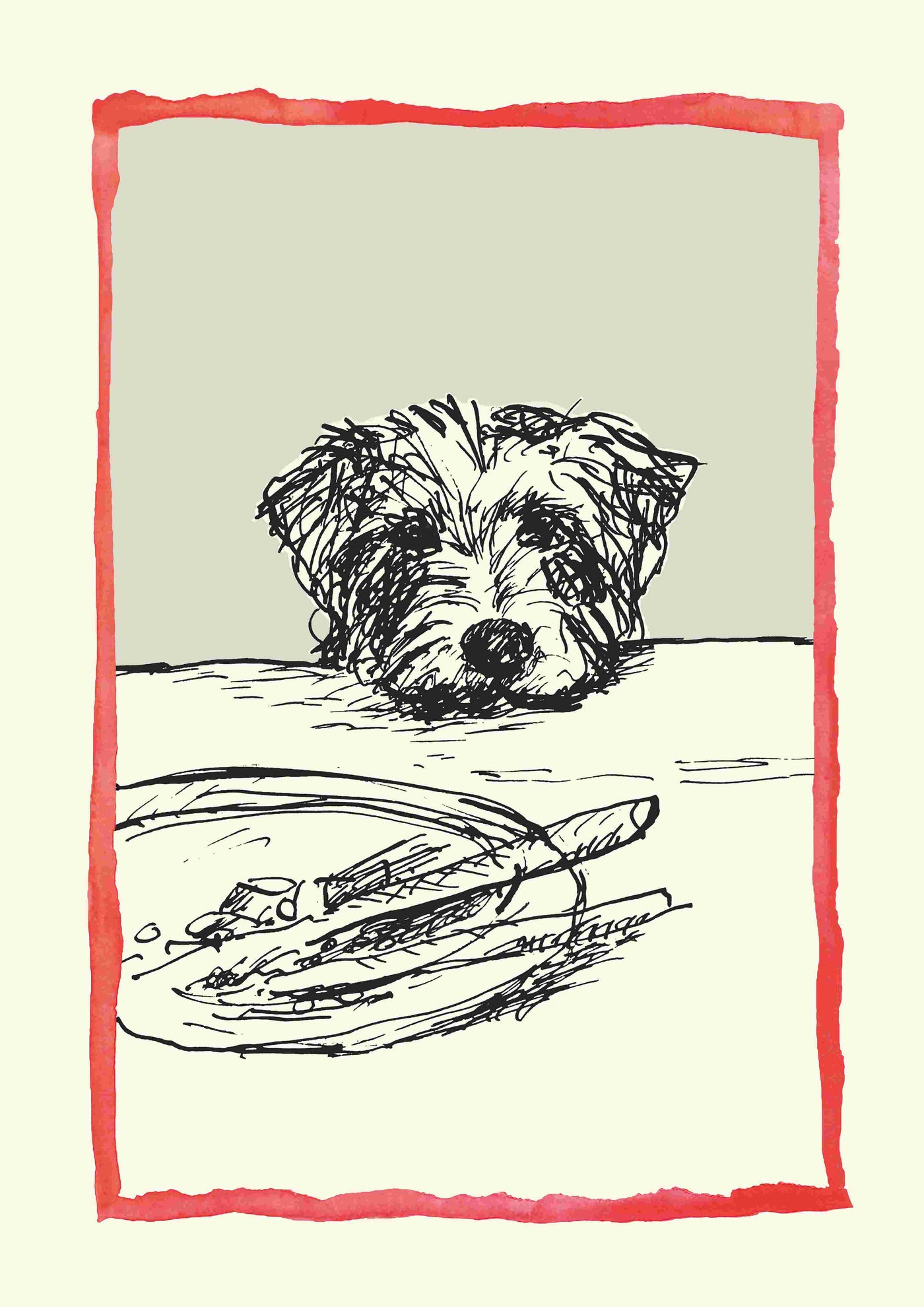 A black and white sketch titled "Pup With Plate by Poet & Painter" from fap, showcasing a dog resting its head on a table, gazing longingly at an empty plate with utensils. This artwork, part of the Featured Artists Collection, is framed with a rough red border against a muted, light background reminiscent of classic UK Poet and Painter pieces.