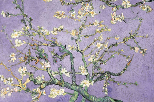 Almond Blossom Lilac by ART 107 features almond tree branches with white blossoms on a textured lilac background. Printed on premium gloss paper, this art poster highlights dark green branches and soft pastel tones.