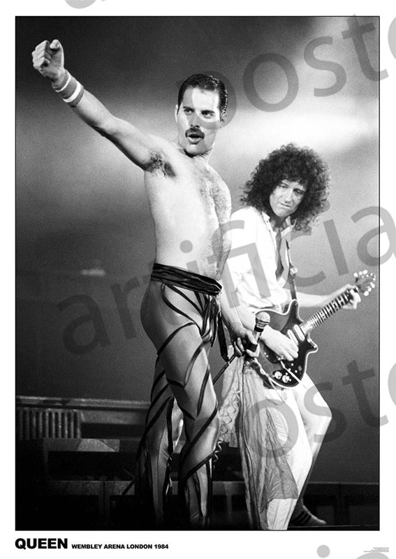 Black and white image of a rock concert. A male singer with a bare torso and striped pants sings passionately into a microphone, with one arm raised. Behind him, a guitarist with curly hair plays a guitar. Text at the bottom reads "QUEEN WEMBLEY ARENA LONDON 1984." Perfect for any Rock Poster enthusiast's music collection! This stunning piece is brought to you by MUS 110, titled Queen Wembley 1984.