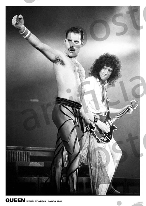 Black and white image of a rock concert. A male singer with a bare torso and striped pants sings passionately into a microphone, with one arm raised. Behind him, a guitarist with curly hair plays a guitar. Text at the bottom reads "QUEEN WEMBLEY ARENA LONDON 1984." Perfect for any Rock Poster enthusiast's music collection! This stunning piece is brought to you by MUS 110, titled Queen Wembley 1984.