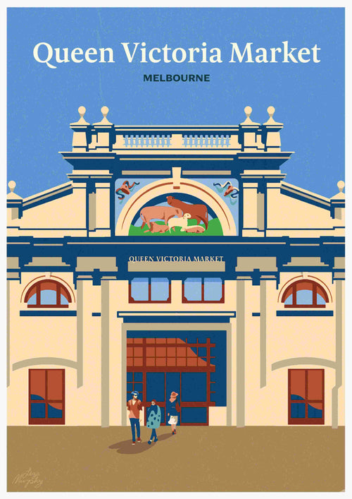 Illustration of the Queen Victoria Market facade in Melbourne, highlighting a detailed building with arches and a painting of farm animals above the entrance. Three people walk in front under the clear blue sky. This artwork, titled "Q V Market Melbourne" by Sydney artist Liza Murphy, is part of our fap Featured Artists Collection and depicts "Queen Victoria Market MELBOURNE.