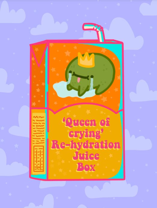 A colorful cartoon image of a juice box against a blue sky with clouds. The "Queen of Crying Juice Box by Badbroidery" label features a green character wearing a crown, crying, and lying on its side with a straw coming out of the top. Perfect for Mini Prints in the Blue Dog Posters' Little Art series or Deluxe Postcard Frames.