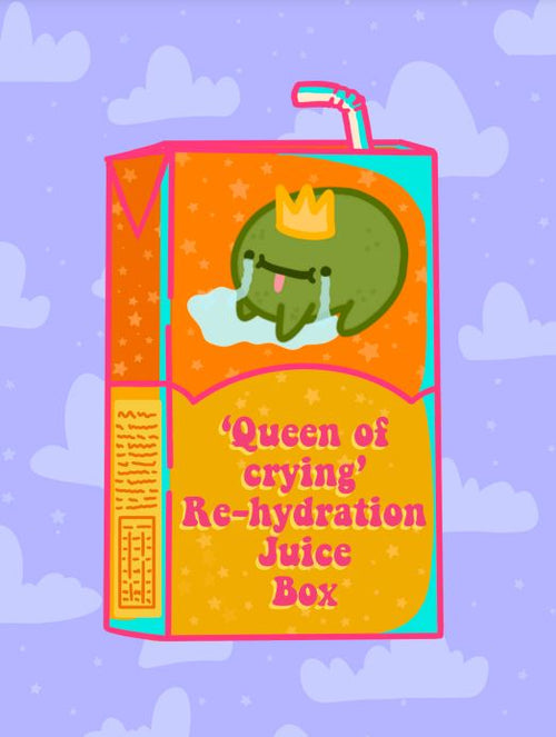 A colorful cartoon image of a juice box against a blue sky with clouds. The "Queen of Crying Juice Box by Badbroidery" label features a green character wearing a crown, crying, and lying on its side with a straw coming out of the top. Perfect for Mini Prints in the Blue Dog Posters' Little Art series or Deluxe Postcard Frames.