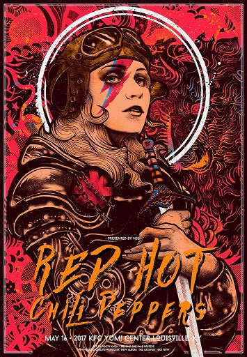 Limited edition TAP Red Hot Chili Peppers 2017 Gicle Print for a Red Hot Chili Peppers concert on May 16, 2017, at KFC Yum! Center in Louisville. Part of the Tour Prints Collection, it features an armored figure with a painted face, holding a sword against artistic backgrounds in red tones. Available as a digital print.