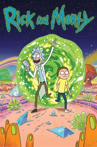 The "Rick & Morty - Portal" poster by MTV 252 features an animated image of characters Rick and Morty. Rick, with his blue spiky hair and lab coat, energetically waves while holding a portal gun. Morty, in his signature yellow shirt, appears concerned. A green portal and an alien landscape serve as the backdrop with the "Rick and Morty" title displayed at the top on premium 150gsm gloss paper.