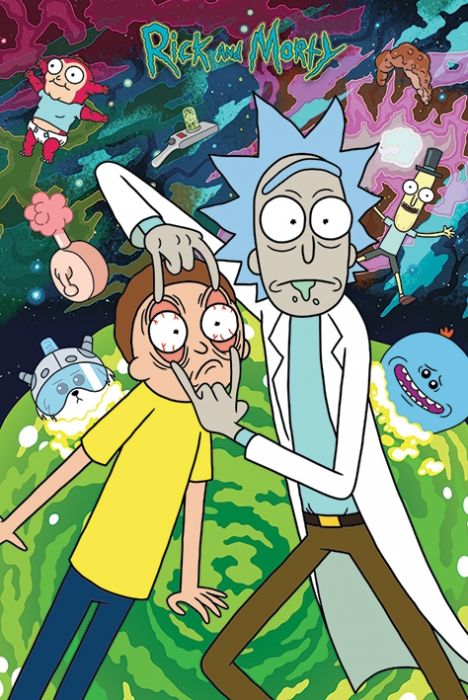 An animated TV Show Poster featuring Rick & Morty - Watch by MTV 311 against a cosmic background with swirling green and orange portals. Rick, with spiky blue hair, stretches Morty's face while various odd characters and spaceships float in space. Printed on premium 150gsm gloss paper for a stunning finish.