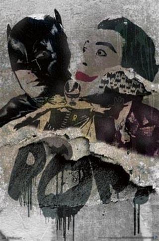 Introducing the Batman Classic TV - Grunge poster by MTV 282, part of the Movies & TV Collection's DC Universe Poster series. This piece, printed on premium 150gsm gloss paper, showcases a gritty street art-style collage featuring a darkly painted superhero with bat ears, a sidekick with an "R" on the chest, and a villain with a painted face. The design also prominently includes "POW" in bold text.