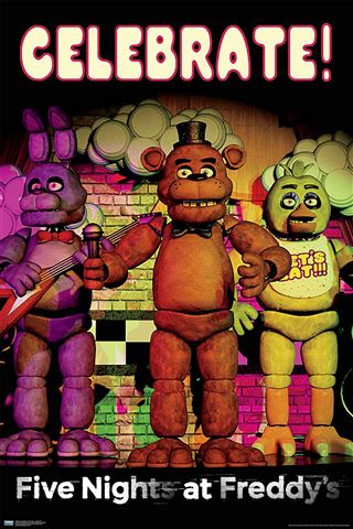 Five Nights At Freddy's Celebrate" poster by GAM 029 showcases a game night with three animatronics: a purple rabbit with guitar, brown bear with bow tie, and yellow bird with bib. "Celebrate!" is boldly displayed at the top as this ultimate crew reunites.