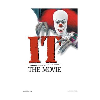 Poster for "IT: The Movie 1990 One Sheet" by MTV 283 showcasing a menacing clown with red hair, a pale face, and sharp teeth, extending claw-like fingers. Bold red letters display "IT" above the black lettering of "THE MOVIE.
