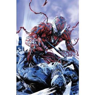 An illustration titled "Marvel Comics - Carnage Battle w Venom" by MTV 305 portrays the red and black symbiote, Carnage, attacking another symbiote, Venom. This stunning piece from the Marvel MCU Poster collection showcases Carnage poised above a defeated Venom amid rubble-strewn ground, with tendrils extending from both in a dynamic battle scene.