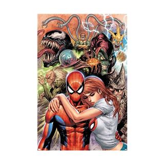Marvel Comics - The Sinister Six by MTV 374 showcases a stunning comic illustration of Spider-Man in his iconic red and blue suit, with a woman hugging him from the side. This premium artwork, printed on 150gsm gloss paper, features a dramatic backdrop of iconic villains like Venom, Doctor Octopus, Green Goblin, Sandman, Electro, the Lizard, and Rhino. Part of our Movies & TV Collection.