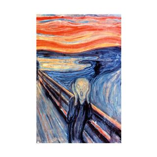 The Scream - Edvard Munch by ART 082 captures a person standing on a bridge, clutching their face and screaming against a backdrop of swirling orange and blue sky and water. The intense colors and dynamic lines effectively convey anxiety and distress, making it an ideal piece to add drama to your art & decor collection.