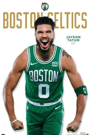 The NBA Jayson Tatum Boston Celtics poster by SPO 015 features the dynamic SF in a green uniform with number 0, energetically shouting against the team’s logo. This striking piece is part of an exclusive sports collection printed on premium gloss paper.
