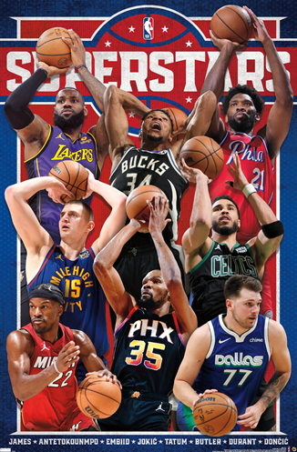 The image features a dynamic collage of nine NBA basketball players in action poses, each wearing their respective team jerseys. Printed on premium 150gsm gloss paper, the background has a blue hue with the words "NBA - Superstars 23" prominently displayed at the top in bold red and white letters by SPO 047.