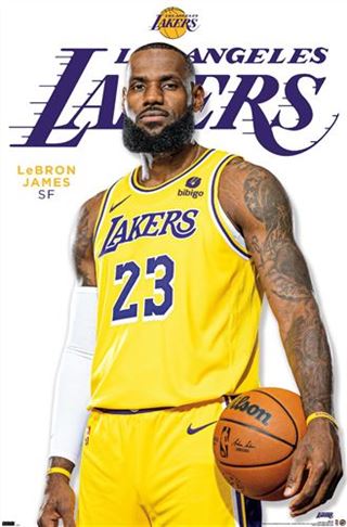 A basketball player in the yellow NBA LA Lakers - LeBron James Feature 23 jersey from SPO 011 stands holding a basketball. He has a serious expression and a tattooed arm. The background features the Los Angeles Lakers logo in purple text, perfect for any Sports Collection or Basketball Poster on premium gloss paper.