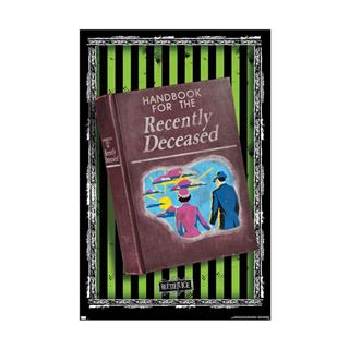 The "Beetlejuice Handbook Poster" by MTV 291 showcases a vintage-style design with silhouettes of a man and woman, evocative of a cult movie poster. The artwork is set against a striped green and black background, making it feel like an artifact from your favorite movies & TV collection.