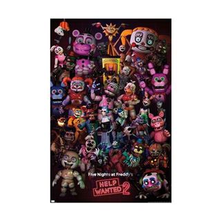 A vibrant poster for "Five Nights At Freddy's - Help Wanted 2" by GAM 039 showcases various animatronic characters with playful yet eerie expressions against a dark backdrop.