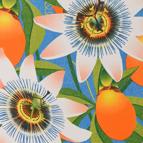 The Passion Flower Riso by Printer Johnson, offered by Blue Dog Posters, features an illustration of passion flowers and their vines set against a blue background. The design comes to life with the use of eco-friendly inks, highlighting vibrant petals and green leaves accented by orange passion fruits for a bold and colorful print.