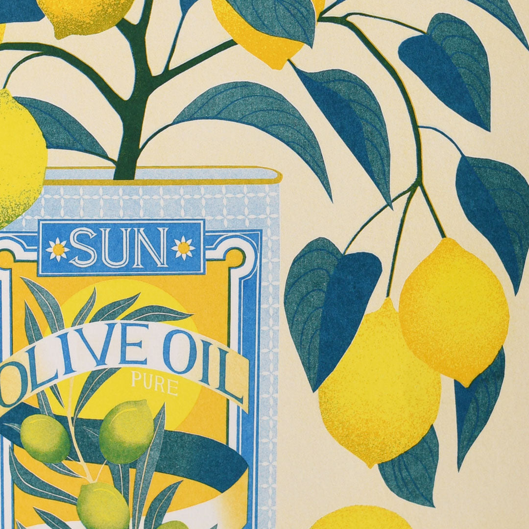 Introducing the Lemon Tree Riso Print by Printer Johnson from Blue Dog Posters, featuring a delightful vintage-style illustration of olive oil accompanied by bright yellow lemons and lush green leaves. This eco-friendly print is crafted using soy-based inks and highlights a decorative label with bold "SUN" and "OLIVE OIL PURE" lettering. The intricate design is skillfully brought to life by a specialist Risograph studio.