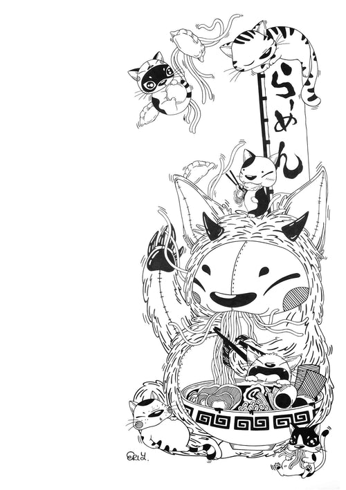 Rakoko by Eri Yamaguchi from Blue Dog Posters presents a whimsical black and white illustration featuring a plush, cat-like creature cradling a bowl of ramen. Tiny playful cats surround it, with one dangling from a sign. Noodles and chopsticks add to the scene's charm, making it perfect for mini prints or deluxe postcard frames.