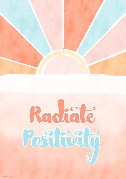The "Radiate Positivity Sunset A3" poster from Blue Dog Posters features an orange and blue sun with rays over a peach and white gradient. The phrase "Radiate Positivity" is elegantly displayed in large peach and blue letters, making it a vibrant addition to your classic art collection via digital laser printing.