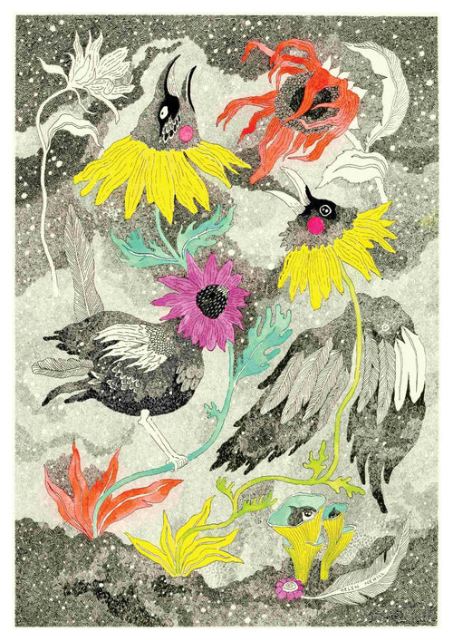 The "Ravens by Helen Nehill A5" from Blue Dog Posters depicts birds with intricate feathers among vibrant yellow, pink, red, and orange flowers. A textured speckled background enhances movement and depth.