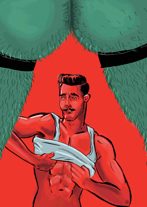 Between the Thighs by Miles Illustrated from Blue Dog Posters shows a man with slicked-back hair and mustache, lifting a white tank top to reveal his muscular torso, framed by large green, hairy legs against a bright red background.