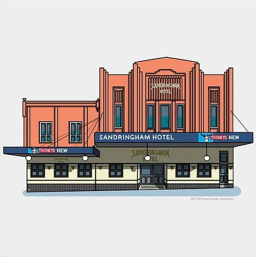 Illustration of The Sandro - Little City Pub Series, a two-story building with an art deco design. The facade features vertical lines, large windows, and a marquee that reads "Sandringham Hotel." Signs for "Tooheys New" appear on the awnings. This piece is part of our Featured Artists Collection by fap.