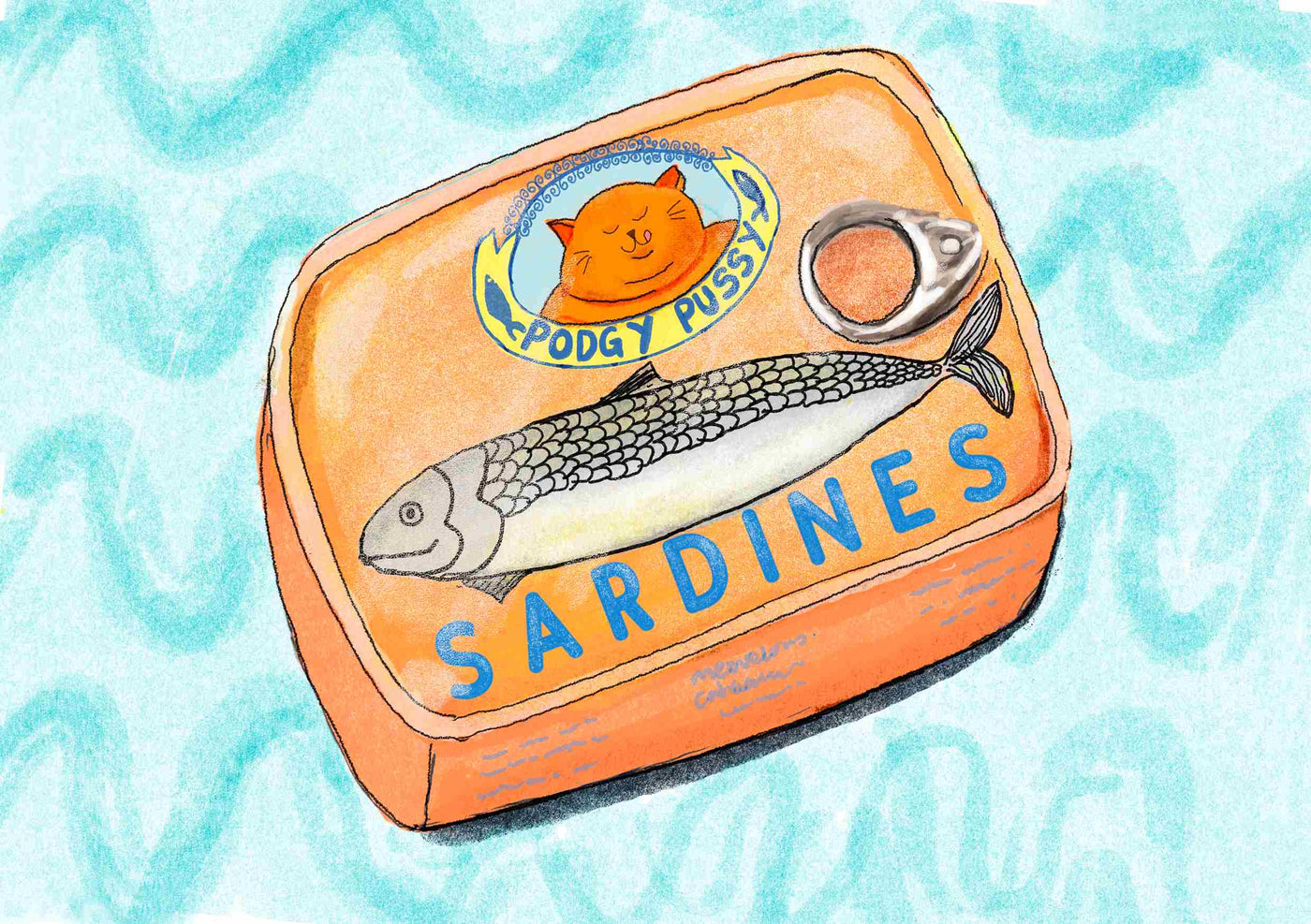 Illustration of an orange sardine tin labeled "Podgy Pussy Sardines Itchy Grandpa A5." The label features a smiling orange cat above the text and a sardine image below. Part of the Little Art series by A5, this piece is set against a light blue, wavy background, perfect for Mini Prints or Deluxe Postcard Frames.