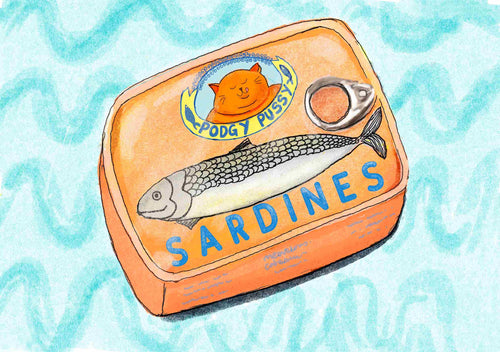 Illustration of an orange sardine tin labeled "Podgy Pussy Sardines Itchy Grandpa A5." The label features a smiling orange cat above the text and a sardine image below. Part of the Little Art series by A5, this piece is set against a light blue, wavy background, perfect for Mini Prints or Deluxe Postcard Frames.
