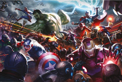 On premium gloss paper, the Marvel Future Fight (Heroes Assault) poster by MTV 100 illustrates a dynamic battle of superheroes against numerous robots. Thunder, lightning, and explosions reveal characters in iconic uniforms with shields and armor in an intense, action-packed scene.
