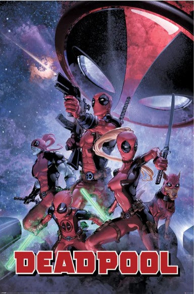 The MTV 356 Deadpool (Family) poster features comic art of Deadpool in dynamic poses set against a cosmic background, wielding swords and guns. It's ideal for the Movies & TV Collection with high-quality printing, showcasing "DEADPOOL" below a commanding emblem.