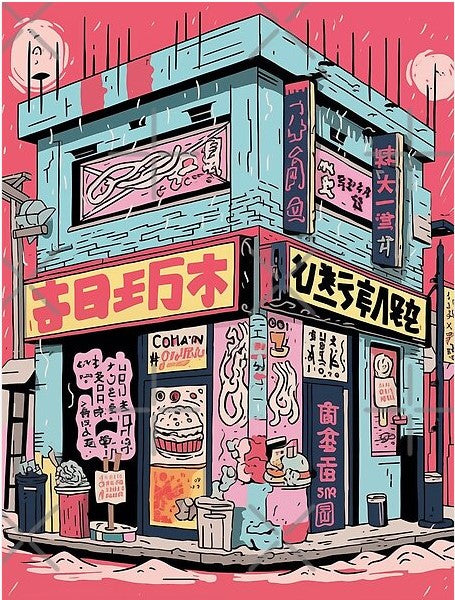 The GAL154 "Whimsical Ramen Shop" features a colorful illustration of a corner building decorated with vibrant signs, graffiti, stylized characters like a smiling cat, whimsical ramen motifs, and is set against an enchanting pink sky.