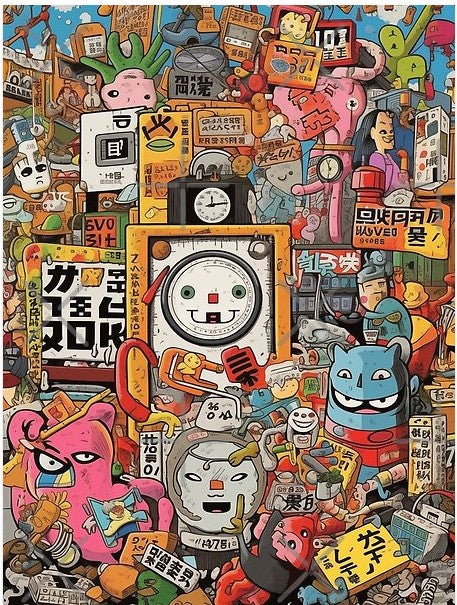 The Surreal Japanese Market by GAL155 is a colorful, chaotic collage of cartoon characters, whimsical faces, and Japanese text. It features robots, animals, and vibrant elements that create a playful yet intricate atmosphere.
