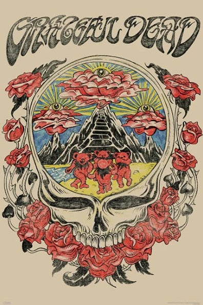 The MUS 033 Grateful Dead - Skull and Wings poster features psychedelic art with a skull, wings, roses, dancing bears, a pyramid, mountains, and all-seeing eyes—a striking piece for any music collection.