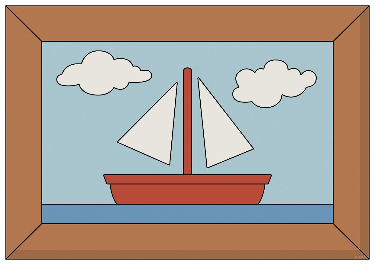 A framed, minimalist illustration of a red sailboat with white sails floating on blue water. The sky is light blue with two white clouds. The frame is brown. The image has simple, clean lines and a cartoon-like style, printed on high quality 250gsm Satin Paper.
Product Name: **The Simpsons - Frame**
Brand Name: **A3 460**