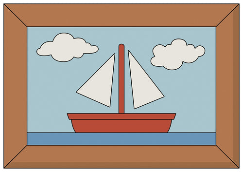 A framed, minimalist illustration of a red sailboat with white sails floating on blue water. The sky is light blue with two white clouds. The frame is brown. The image has simple, clean lines and a cartoon-like style, printed on high quality 250gsm Satin Paper.
Product Name: **The Simpsons - Frame**
Brand Name: **A3 460**