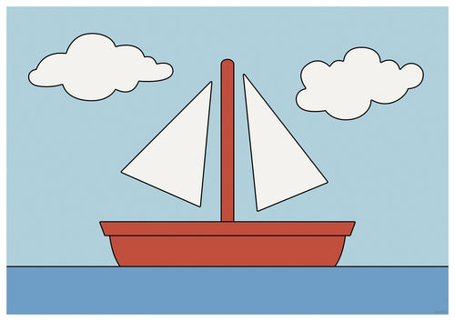 A minimalist illustration of a sailboat with two white sails on a calm body of water, printed on high quality 250gsm Satin Paper. The boat is red with a red mast against a light blue sky dotted with fluffy white clouds. This simple and uncluttered A3 461 poster, "The Simpsons - No Frame," is reminiscent of a vintage comic poster.